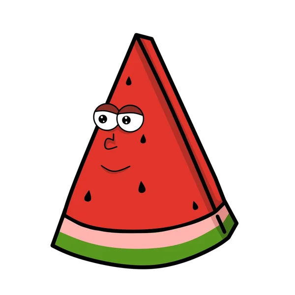 Tecknad karaktär illustration design, skiva av röd vattenmelon frukt med mun och ögon — Stock vektor
