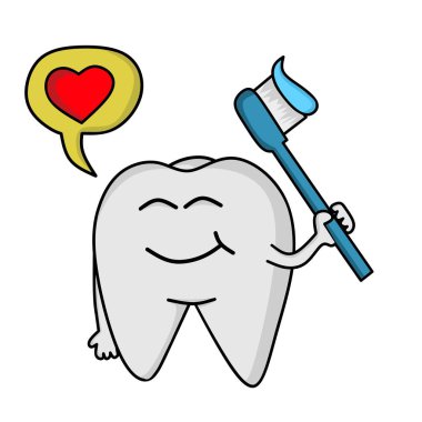 Çizer tasarımı çizgi film karakteri sağlıklı dişler diş macunu ve beyaz arka planda fırça