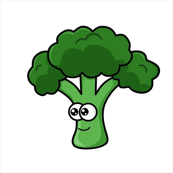 Vektor Illustration Tecknad Grön Broccoli Ikon Med Söta Ögon Och — Stock vektor