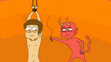 Cehennemde bir iblis tarafından kırbaçlanan bir adamın animasyon videosu.