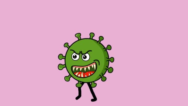 Geanimeerde Video Van Groene Corona Virus Karakter Draait — Stockvideo