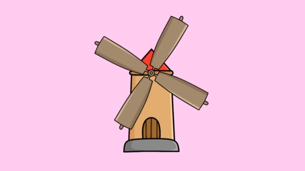 Animiertes Video Eines Cartoonhauses Mit Einer Rotierenden Windmühle — Stockvideo