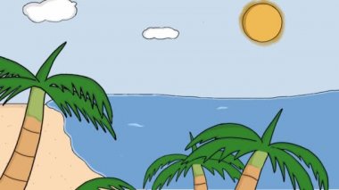 Animasyon videosu Dalgalar ve hindistan cevizi ağaçlarıyla sakin bir sahil