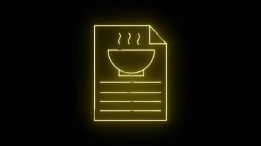 Siyah arka planda sarı neon bir tabela üzerinde bir kase yiyecek olan bir tarif var.