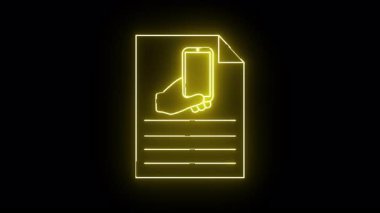 Sarı bir neonstyle simgesi, siyah bir arkaplana karşı bir belgede telefon tutan bir eli betimler