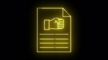 Siyah bir arkaplan üzerine kurulu, el kaldırılmış ve çizgileri olan neon sarısı bir belge.