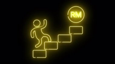 Neon çubuk figürü siyah arkaplanda parlayan bir RM çemberine doğru basamakları tırmanıyor