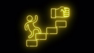 Aydınlatılmış bir taslak. Siyah bir zemine karşı açık sarı bir yumruğa doğru adım adım ilerleyen biri.