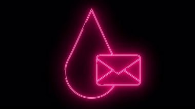 Bir su damlasının neon çizgisi dikdörtgen bir zarf simgesine bağlanmış. Her ikisi de siyah bir zemin üzerinde pembe parlıyor.