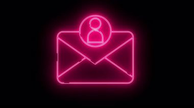 Siyah bir arkaplanda parlayan insan figürüne sahip neon pembe bir e- posta simgesi