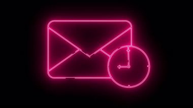 Sıcak pembe neon, siyah arkaplanda stilize edilmiş bir zarf ve saat çiziyor.