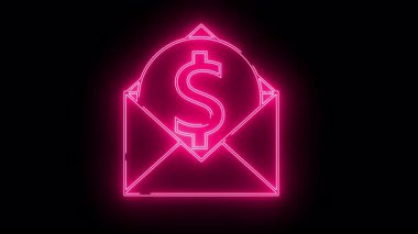 Siyah arka planda izole edilmiş bir zarfın içinde pembe neonstyle dolar işareti.