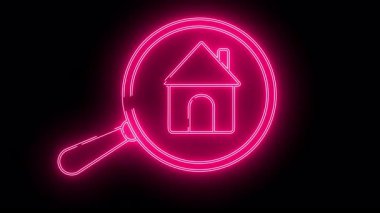 Neon pembe büyüteç bir evin siyah arka planını ön plana çıkarıyor