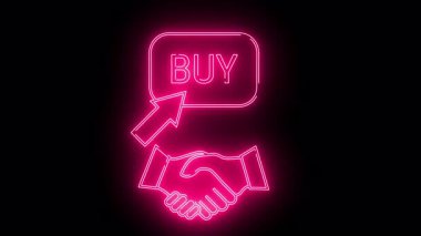 Neon pembe BUY tuşu ve üzerinde ok olan bir el sıkışma ana hatları hepsi siyah bir arkaplan karşı