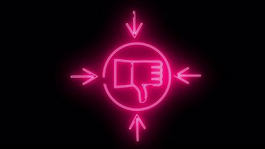 Siyah arkaplanı işaret eden oklarla çevrili neon pembe başparmak indirme simgesi