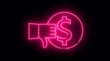 Neon pembe el, siyah arka planda bir çember içinde bir dolar işaretine kadar başparmak işareti verir.