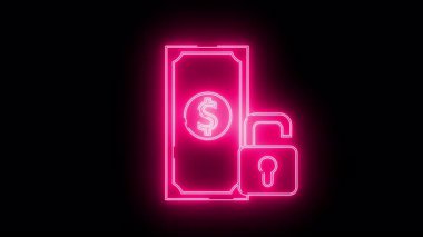 Bir dolarlık banknotun parlak pembe neonstyle taslağı ve siyah bir fonda kilitlenmemiş asma kilit.