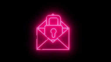 Siyah arka planda parlayan bir efektle belirtilmiş asma kilitli neon pembe bir zarf.