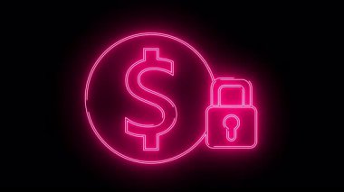 Siyah bir arka fona karşı asma kilidin yanında daire şeklinde pembe bir neon dolar işareti.