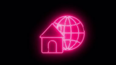 Siyah arka planda bir küre ile birleştirilmiş bir evin neon çizgisi