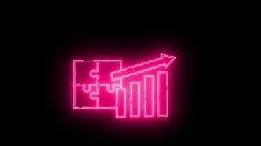 Parlak pembe neon yapboz parçaları yukarı doğru ok çubuğu grafiği siyah üzerine