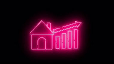 Bir ev simgesi, yükselen bir grafikle birleştirilmiş, koyu siyah bir arkaplana karşı neon pembeyle aydınlatılmış.
