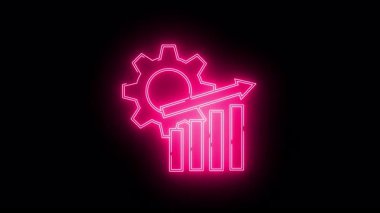 Pembe neon grafik yukarı doğru bir okla kesişen yükselen bir çubuk grafiğinin üzerinde bir vites duruyor.