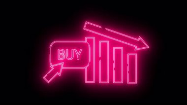 Aşağıya doğru ok ile alçalan bir çubuk grafiğinin yanında solda bir ok bulunan neon pembe BUY işareti