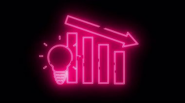 Alçalan çubuk grafiğinin yanındaki neon pembe ampul siyah arkaplanda pembeyle çizilmiş.
