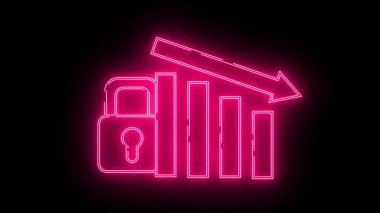 Pembe neon bir kilit alçalan çubuklar ve siyah bir arkaplanı işaret eden bir ok.