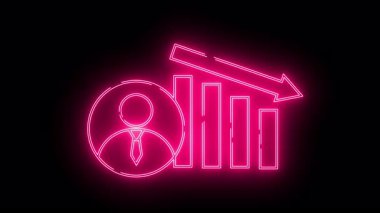 Düşen bir çubuk grafiğinin yanında siyah arkaplan üzerinde aşağı doğru ok olan bir kişinin pembe neon simgesi