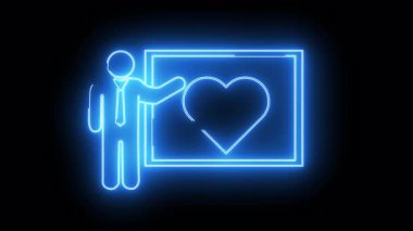 Bir çubuk figürünün mavi neon çizgisi siyah bir arkaplana karşı ekranda bir kalp sunar