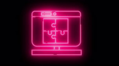 Siyah bir arkaplanda dört parçalı yapboz gösteren pembe neon bilgisayar ekranı