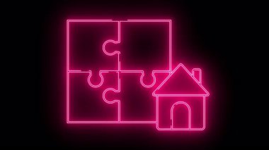 Basit bir evin yanında ana hatlarıyla çizilmiş yapboz parçaları. Siyah bir arkaplan üzerine pembe bir parıltı çiziyor.