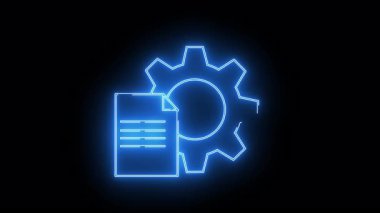 Siyah arkaplanda çizgileri ve vitesi olan bir kağıt belgenin parlak mavi simgeleri