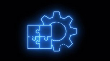 Siyah bir arkaplana karşı dört parçalı bir yapbozun yanındaki bir dişlinin parlak mavi çizgisi