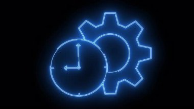 Siyah arkaplanda parlayan mavi neon saat ve vites sembolü bir konsepti temsil ediyor.