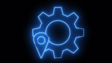 Katı siyah bir arkaplan üzerinde harita simgesi olan parlayan mavi bir dişli.