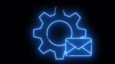 Neon mavisi orta çemberli bir dişli ve siyah arkaplanda bir posta zarfı çizer