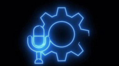Neonstyle simgeleri mikrofon ve dişli tekerlek mavi dış hat siyah arkaplan