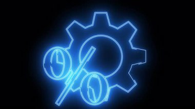 Üzerinde yüzde işareti olan bir dişlinin parlak mavi neon etkisi ve siyah arkaplana karşı iki sıfır.