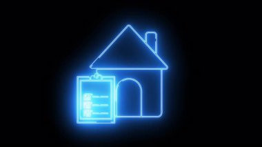 Siyah bir arkaplana karşı dizilmiş, yanında kontrol panosu bulunan neon mavi bir ev simgesi