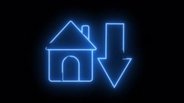 Siyah arkaplanda aşağı doğru ok olan neon mavi ev simgesi