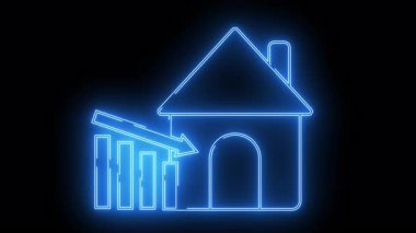 Aşağı yönlü eğilim çubuğu grafiği olan mavi neon ev simgesi