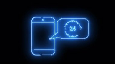Parlak mavi neon saat biçimli ok çemberi içinde 24 okunan bir mesaj baloncuğu içeren bir telefon hatları çizer