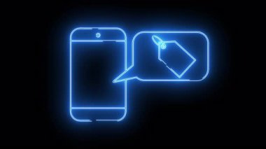 Siyah arkaplanda etiketli mavi telefon ve konuşma balonu çizgisi