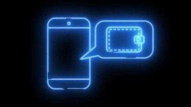 Konuşma baloncuğunda cüzdanı olan bir telefon koyu bir arkaplanda mavi bir hat çiziyor.