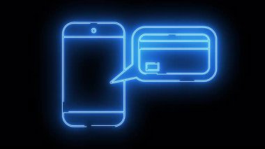 Siyah üzerine kredi kartı konuşma balonu olan neon mavi telefon.