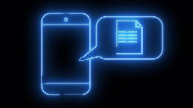 Bir telefonun neon mavisi çizgisi ve siyah arkaplanda belge simgesi olan bir konuşma balonu.
