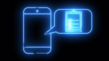 Siyah bir arkaplanda bir konuşma balonunda kontrol listesi olan bir akıllı telefonun neon mavi çizgisi.
